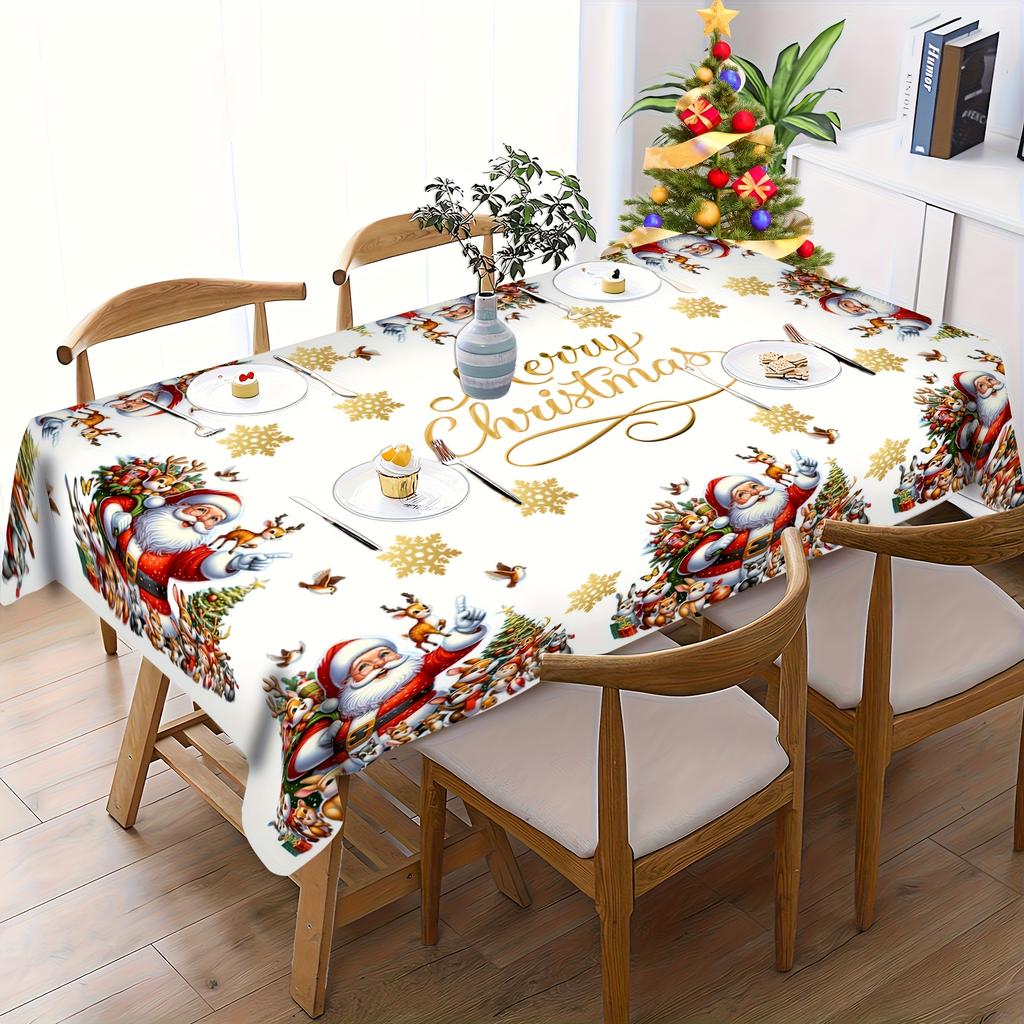 Christmas Tablecloth With Santa Snowflakes And Reindeer Winter Holiday Table Decor Festive Dining Room Cloth
