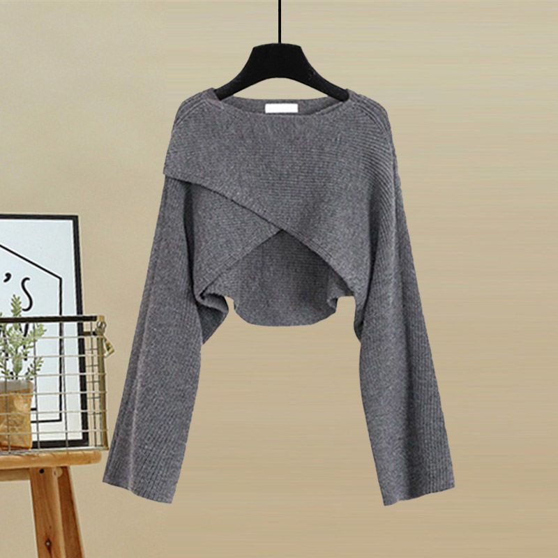 Spring  Autumn Set Women's Korean Fashion Cross Knitted Sweater Age Reducing Sling Dress Two Piece Set