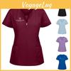 Vneck Solid Shortsleeve Color Women Top Work Uniform Pocket Top