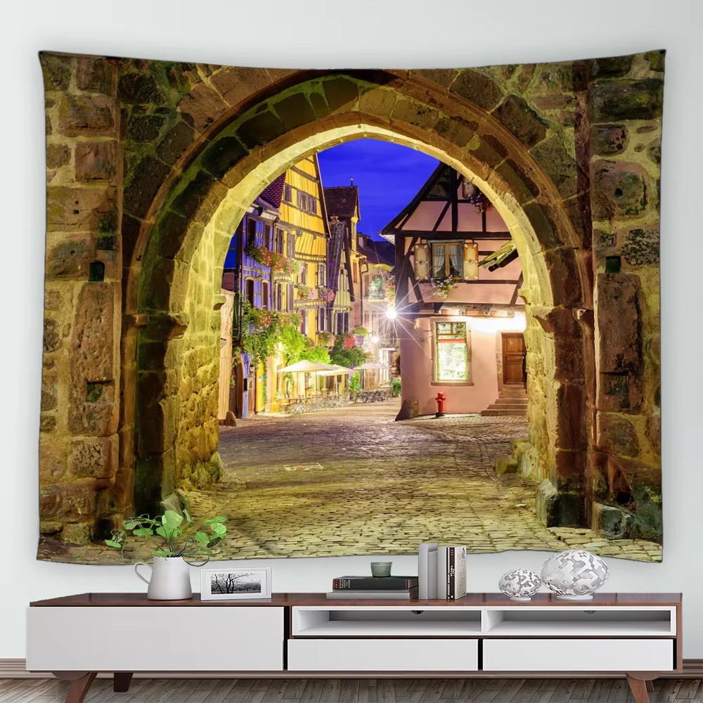 Street Flower Scenery Tapestry Vintage Blue Wooden Door Floral Plants Nature Landscape Home Garden Decor Wall Hanging Picnic Mat