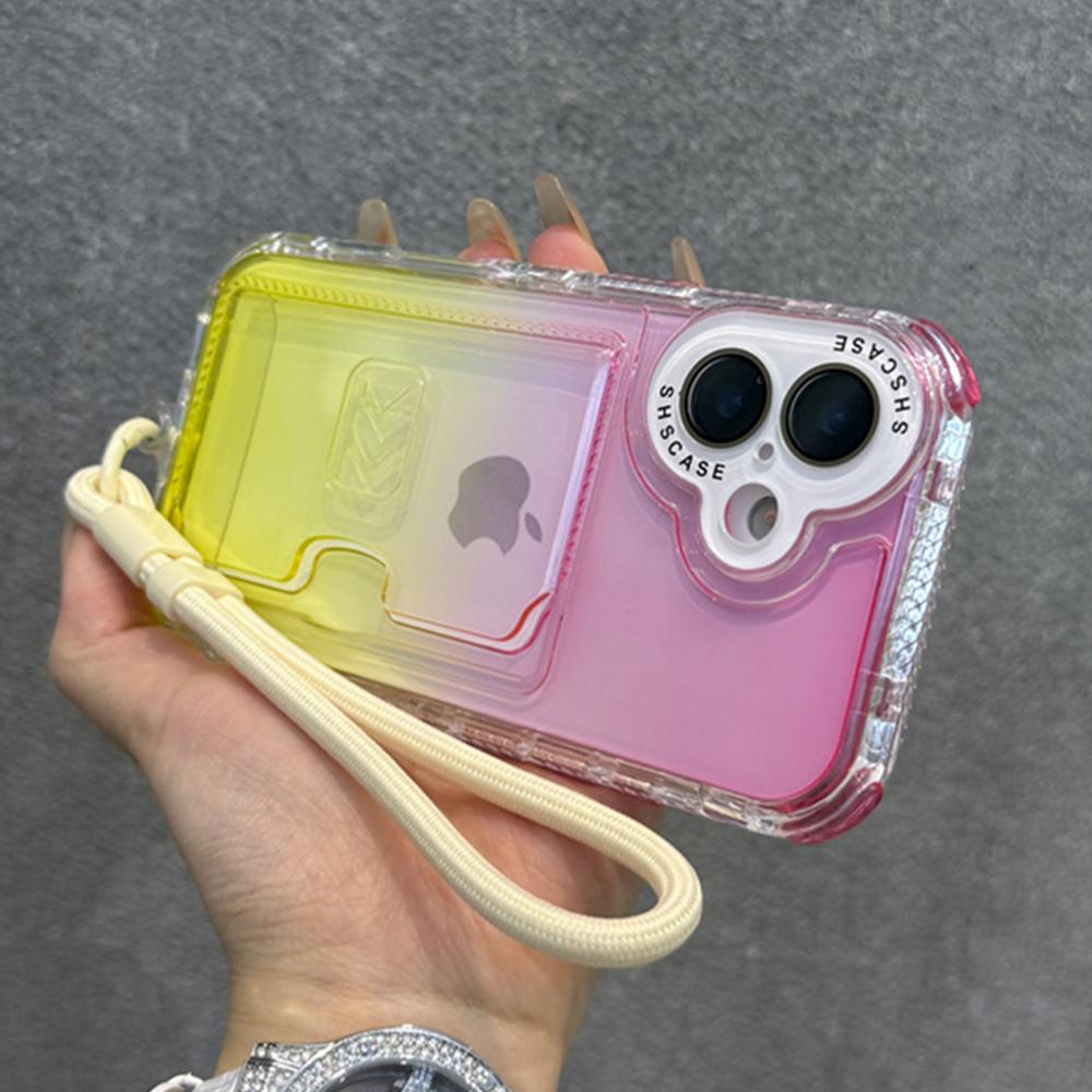 Gradient Slot Card Holder Wrist Strap Lanyard Phone Case For iPhone 15 16 Pro Max Plus 13 12 Air Cushion Bumper Protective Cover