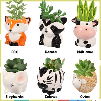 6 szt. Ceramiczne Mini Doniczki Urocze Kreskówkowe Zwierzątka Doniczki na Sukulenty z Otworem Drenażowym Mały Pojemnik na Rośliny Kaktusy Dekoracja Stołu