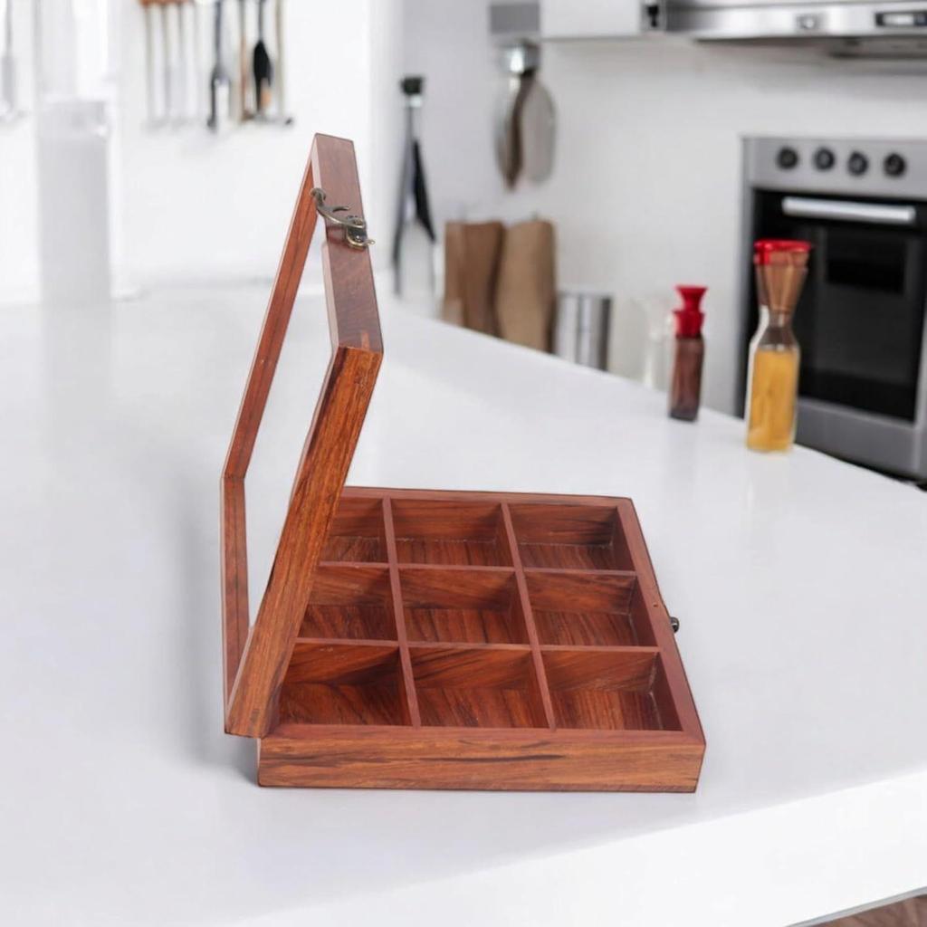 Wooden Spice Box With 9 Partitions & Spoon, Spice Container For Kitchen, Masala Dabba, Namakdani For Kitchen, Wooden Masala Box,