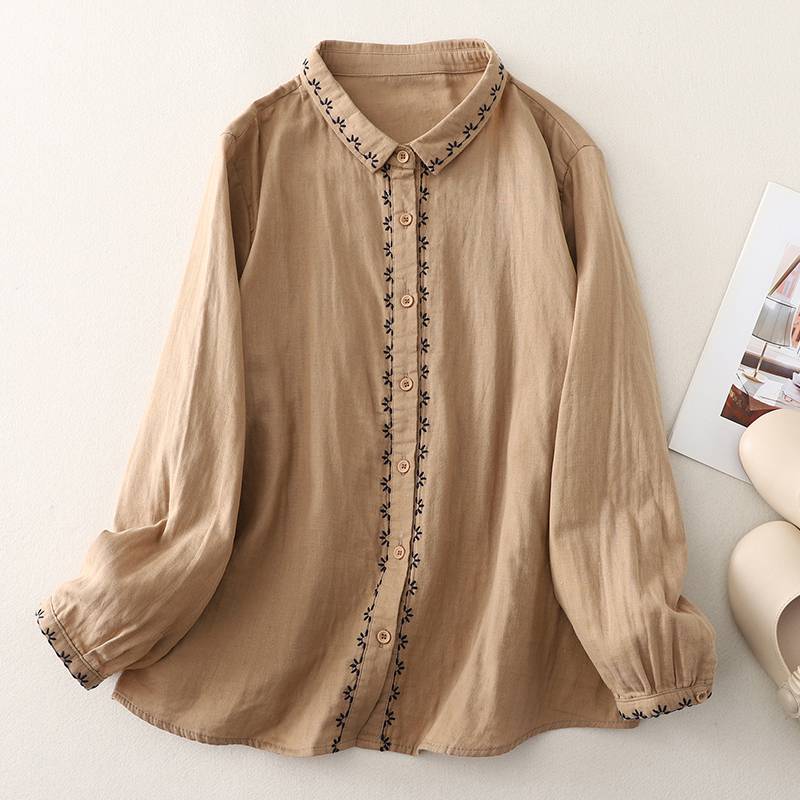 

Johnature вышивка винтажная однотонная рубашка женская весенняя свободная рубашка с длинными рукавами M хаки