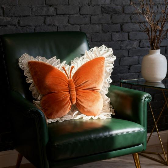 Butterfly Shape Throw Pillow Velvet Butterfly Pillow with Lace Trim Decorative Pillow for Sofa Couch Bedroom Office Decor