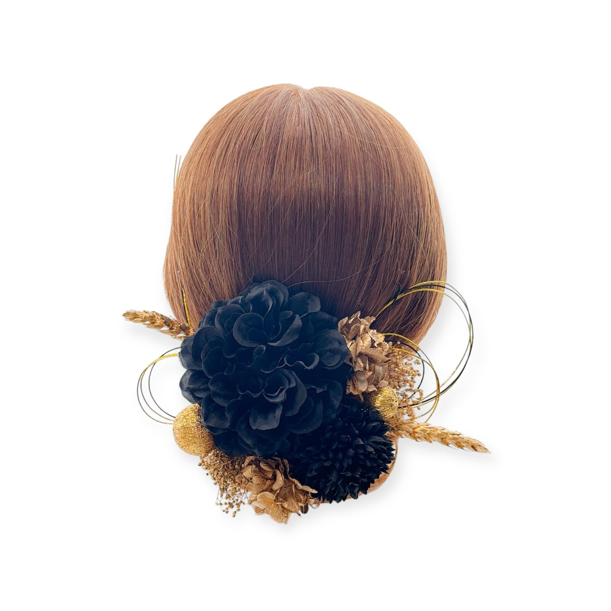 

Black Dahlia and Ping Pong Mum Gold Dried Flower Hair Kimono Tamakanzashi Hairpin with Gold Leaf and Mizuhiki Perfect for and Furisode Stylish Black золотой