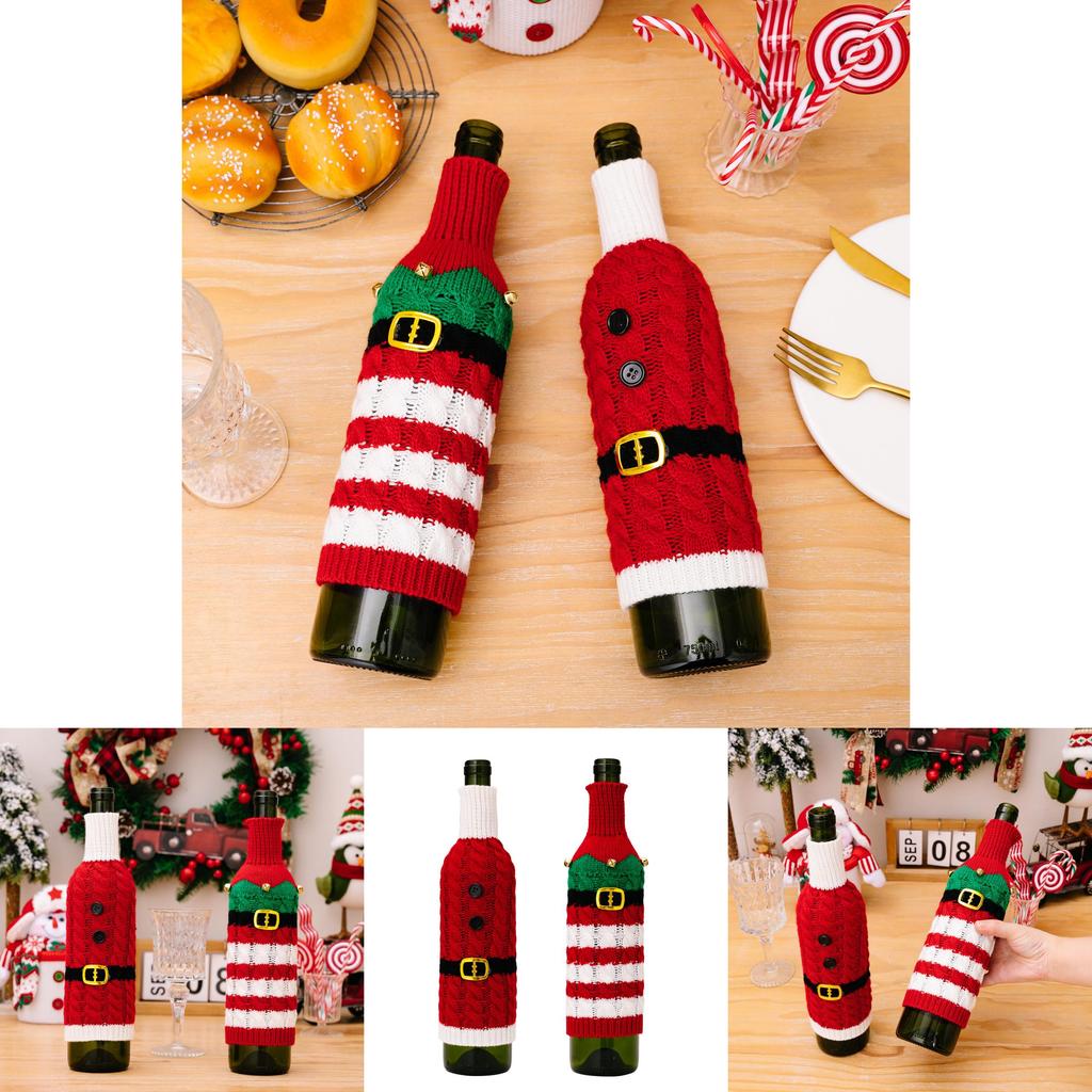 Cozy Knit Red Wine Bottle Sleeve With Striped Elf Design For Christmas Celebration