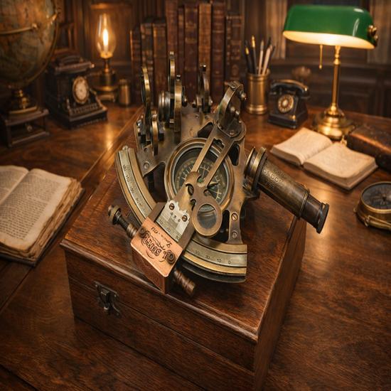 Brass Sextant Compass with Wooden Box Nautical Maritime Navigation Instrument Handcrafted Sailor