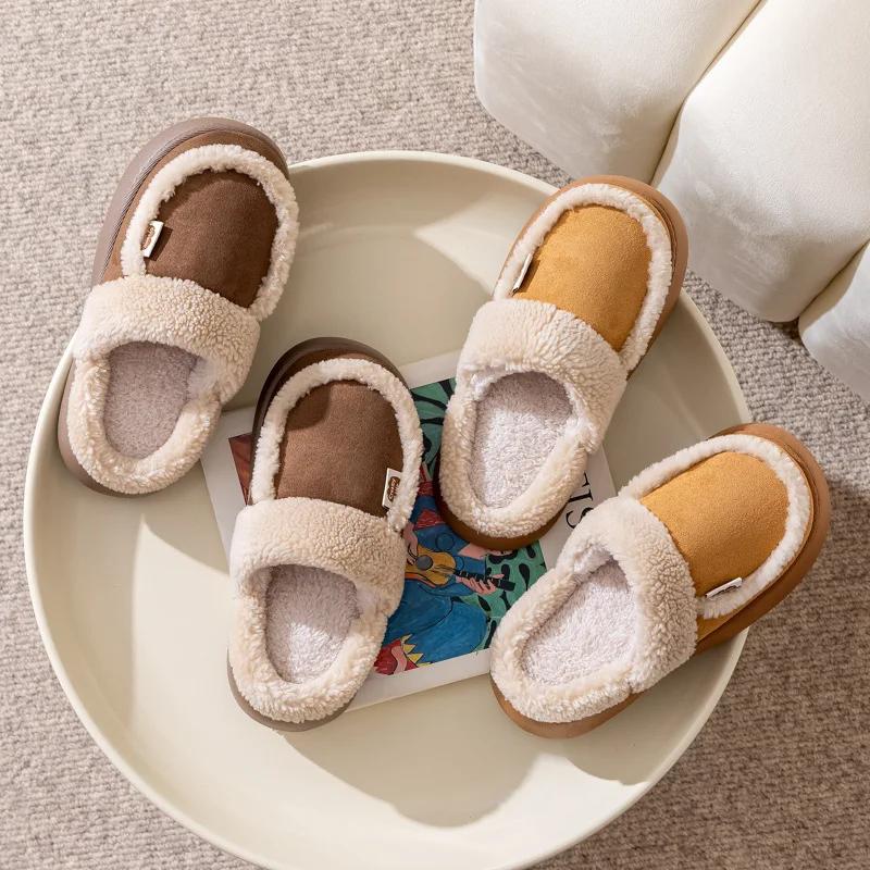 Fashion Hairy Slippers 2024 New Flat Bottomed Thick Plush Anti Slip Thick Bottom Ankle Cotton Slippers