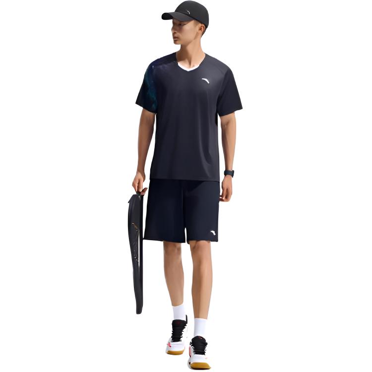 Anta Versatile Pullover Comfortable Short Sleeve Simple Solid Color Lace-Up Shorts Casual Sports Suit Men suit 952537205-2