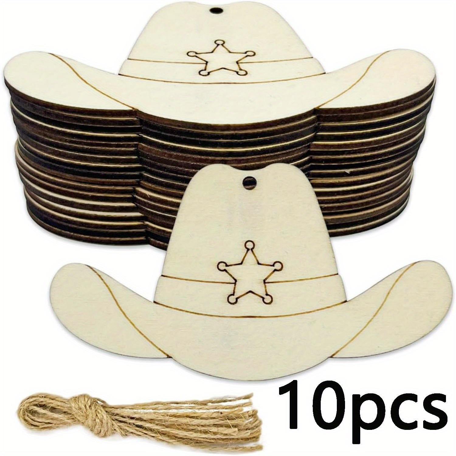 10 Pcs Cowboy Hat Woodcut, Diy Crafts Blank Wooden Cowboy Hat Decorative Label Rustic Wooden Cowboy Hat Label With Rope