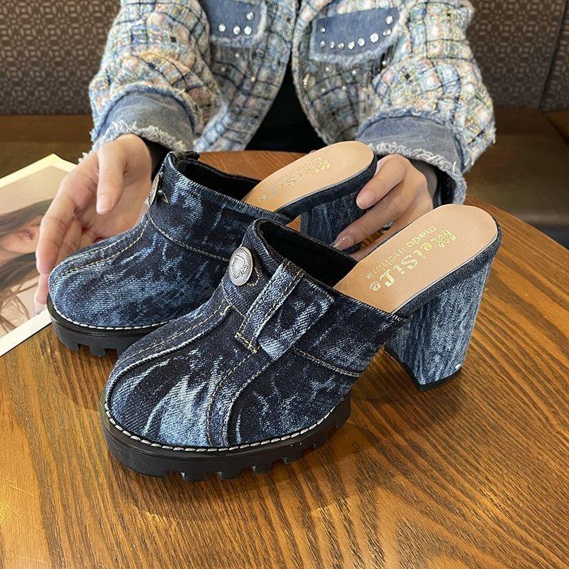 Summer new denim wash bag head lazy fashion high heel thick heel sandals women's slippers sandals