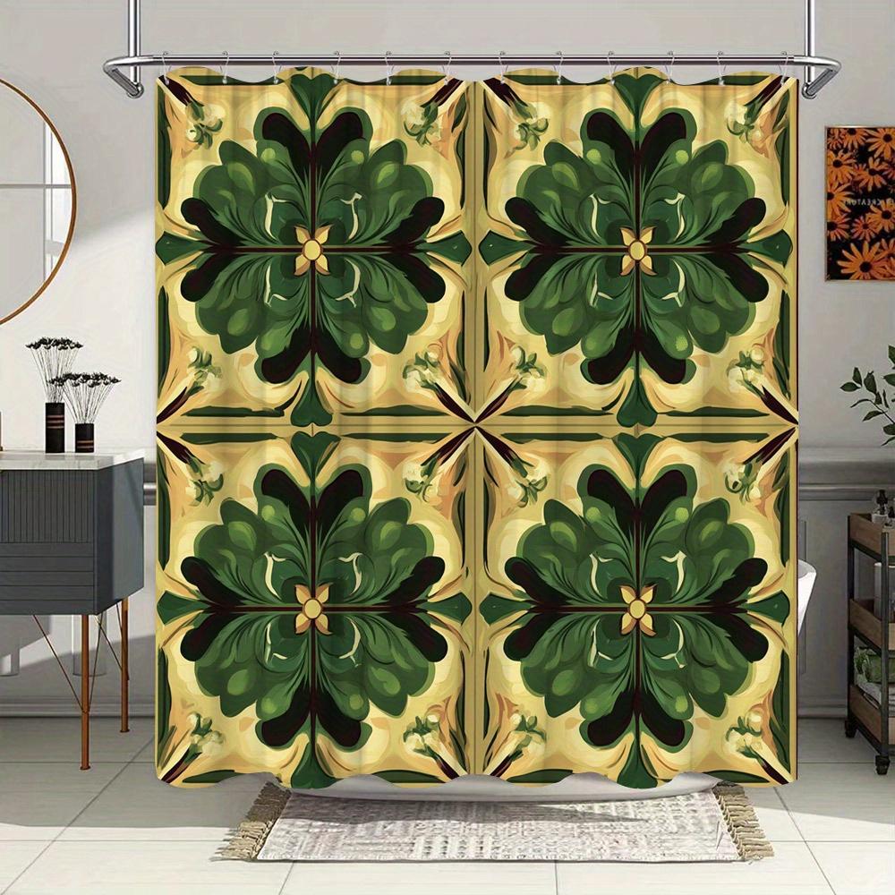 

1Pc Symmetrical Leaf Shower Curtain - Deep Green And Golden Stylized Leaves On Polyester Fabric, Traditional Tile Design W60H190(CM)-1 Pcs
