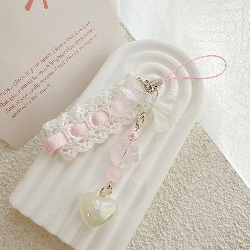 Kattklo Båge Söt Hänge Nyckelring Telefonkedja Spetsband Pärldekoration Tillbehör Gåvor Väskhänge