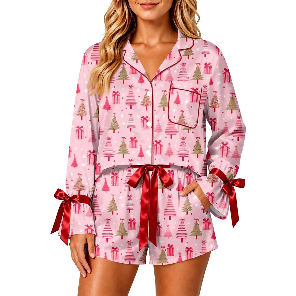 Women's Christmas Two Piece Pajama Set with Button Down Shirt and Shorts Sleepwear