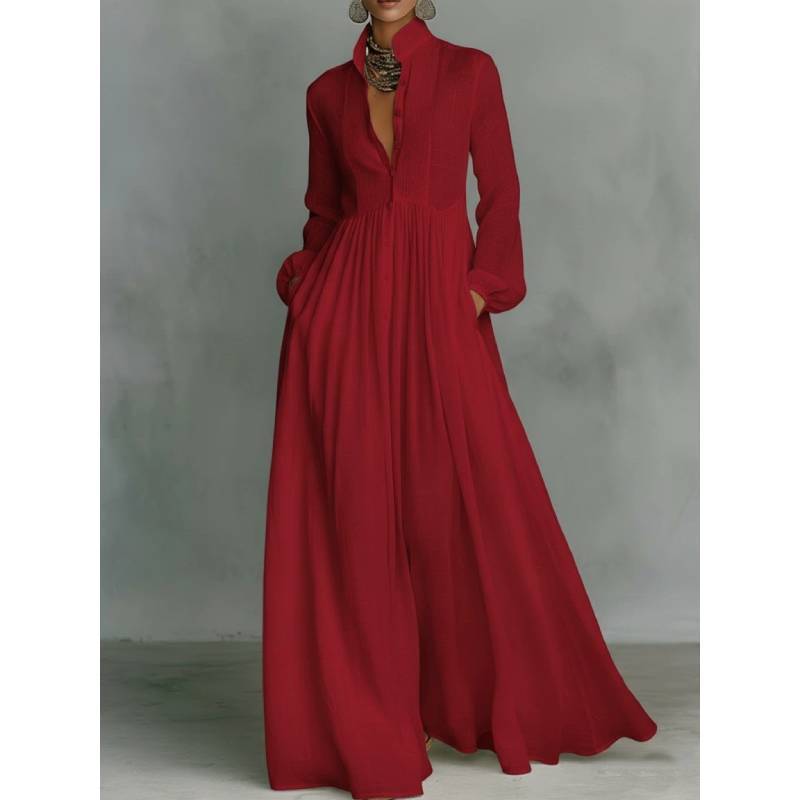Polyester Long Sleeve Dress With Pleated Aline Silhouette For Elegant Winter Fashion