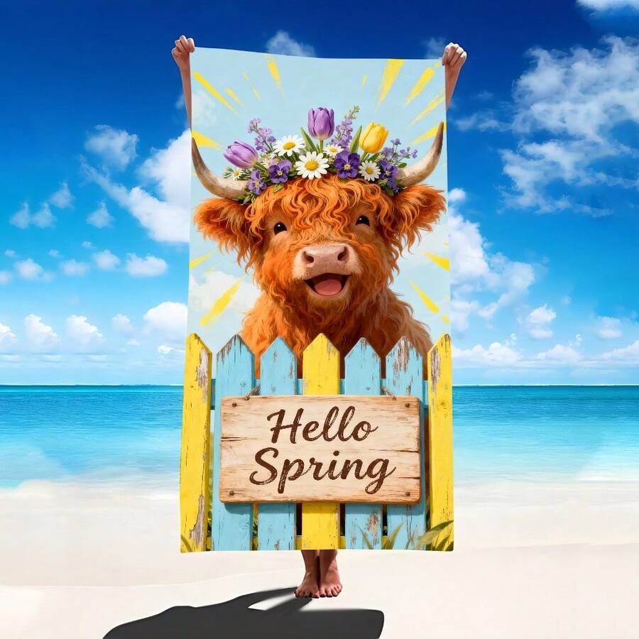 Jmg Household Supplies Spring Highland Cow Beach Towel - Flower Crown & Hello Spring Sign, Cute Animal Print, Soft Microfiber, Multiple Sizes