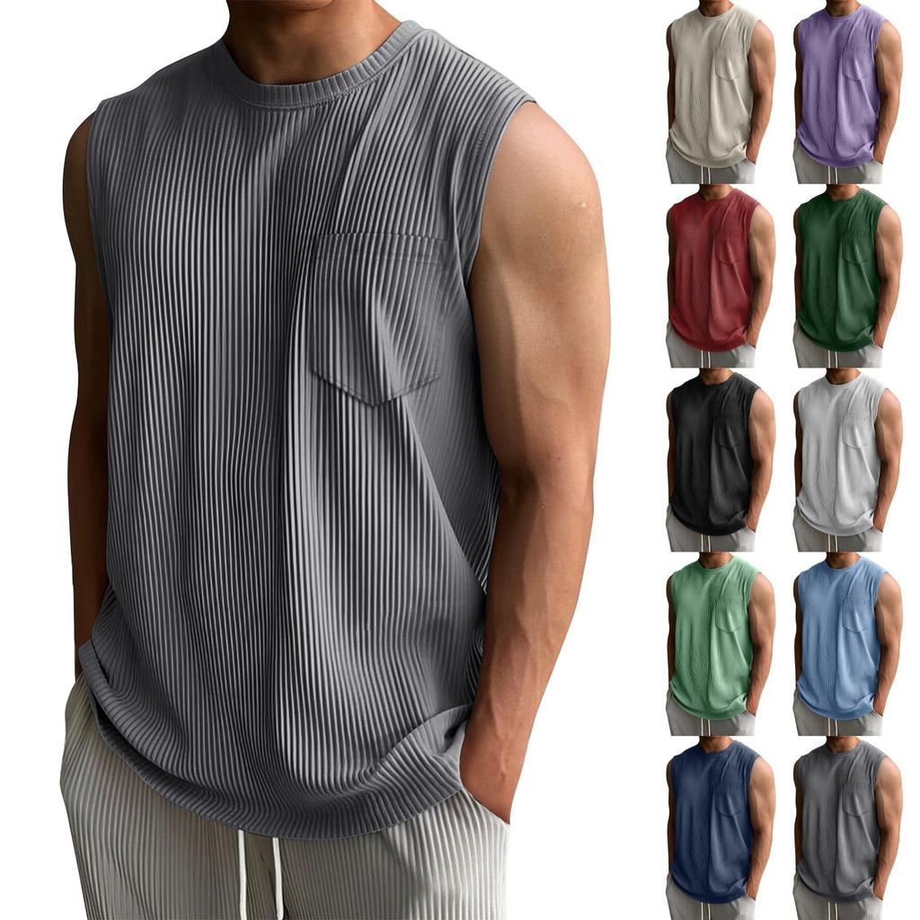 Men's Summer Color Stripe Pocket Sports Vest Men's Sports Casual Vest