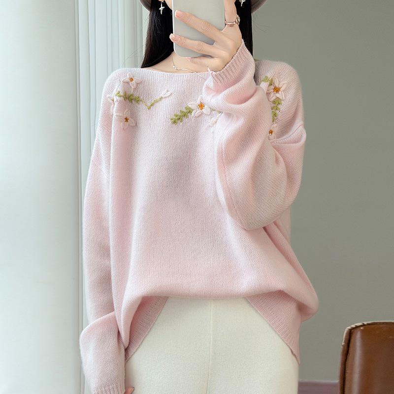 2026 A/W Women's One-Shoulder Embroidered Wool Sweater Top
