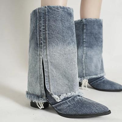 Pleated Block Heels Denim Boots for Women Autumn Pointed Toe Women Fashion Sexy Cowboy Woman Denim Pointed Toe Chunky Boots