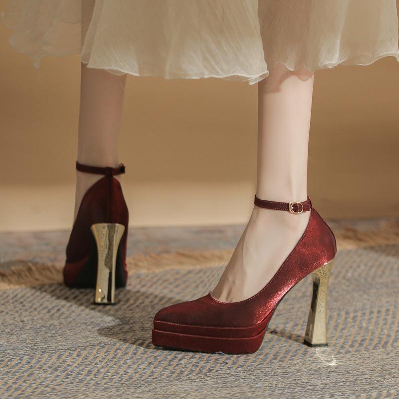 Satin Wedding Shoes Main Wedding Dress Bridal Shoes Not Tired Feet Small High Heels Thick Heel Waterproof Table with Skirt Single Shoes