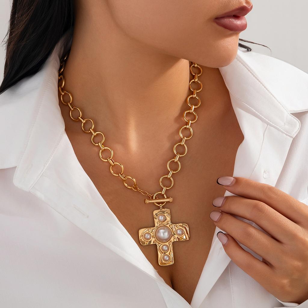 Vintage Multilayer Imitation Pearl Cross Pendant Choker Necklaces for Women  New Fashion Neck Jewelry Party Wedding
