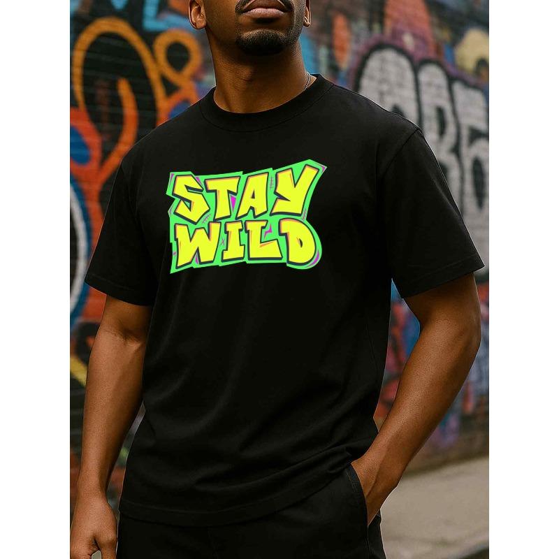

Мужская футболка Stay Wild - неоново-зеленый и салатово-желтый принт STAY WILD , черная, повседневная, для активного отдыха и спортзала, мягкие и комфортные цвета. S чёрный