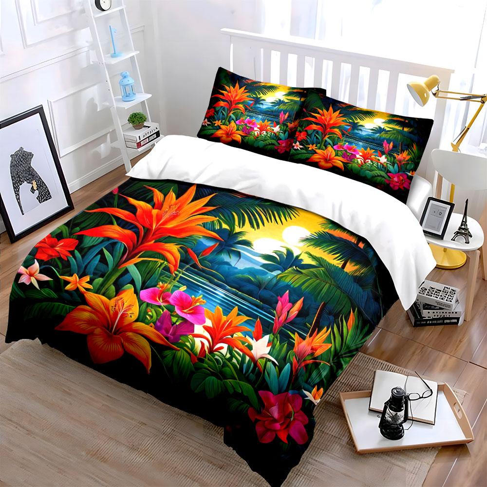 Tropical Flower Decor Set Bedding Set With 1 Duvet Cover 2 Pillowcases Single Double King Queen, Gift