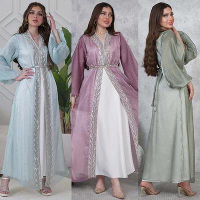 AB453 Puff Sleeve Cardigan: Elegant Long Dress & Robe Set with Hot Drill Accents