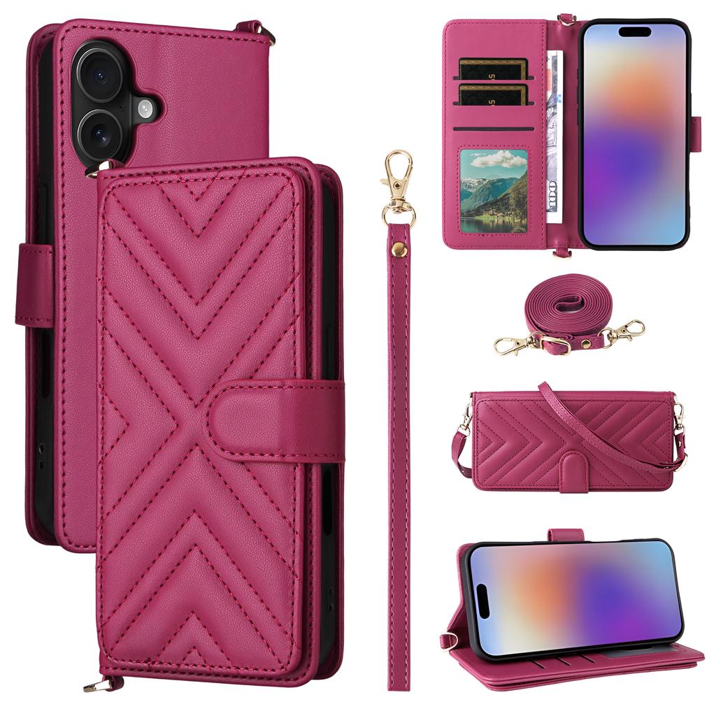 For iPhone 17 Case with Shoulder/Wrist Strap Leather Phone Cover Stand Wallet