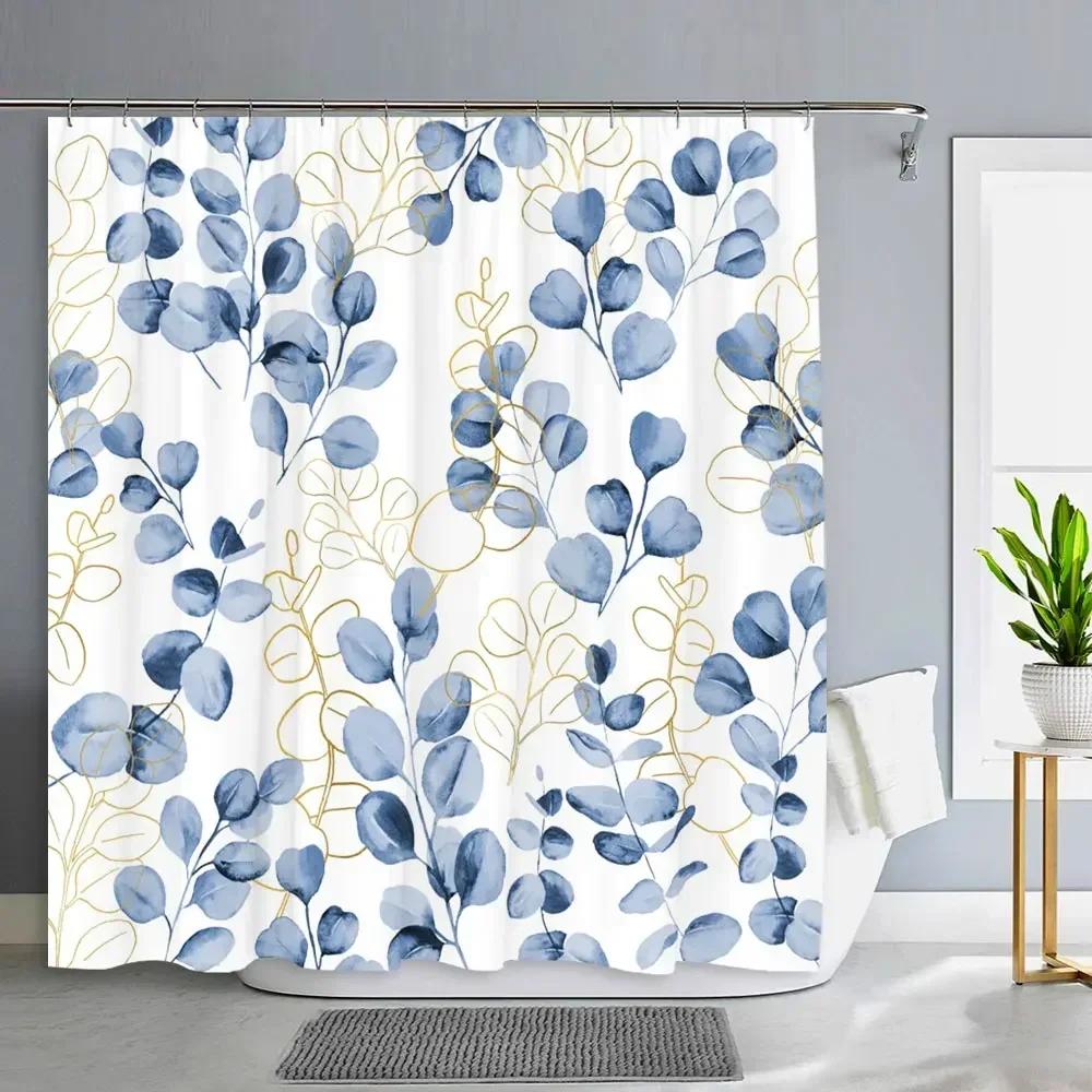 Green Plants Eucalyptus Leaves Shower Curtain Natural Watercolour Leaves Tropical Botanical Patterns Bath Curtain Bathroom Decor