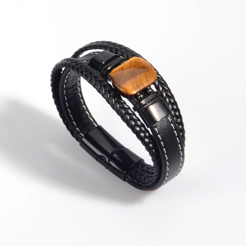 Men's Multi-Layer Tiger Eye Leather Bracelet with Magnetic Clasp and Stainless Steel Accents