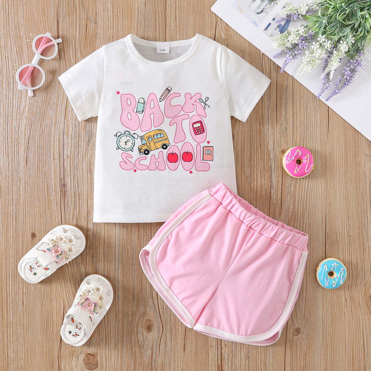 

Little Girl 2PCS Set 1-8 Years Old Pink & White Back to School Tee and Shorts Kids Kindergarten Daily Wear Outfit 1-2Y белый