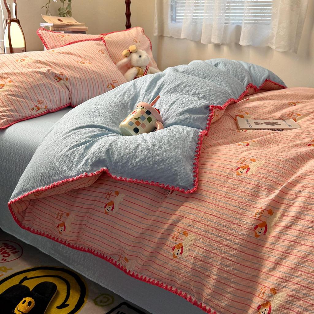 A-Grade Cartoon Cotton Bedding Set for Students - 4-Piece Single Dorm Set with Bed Sheet and Duvet Cover