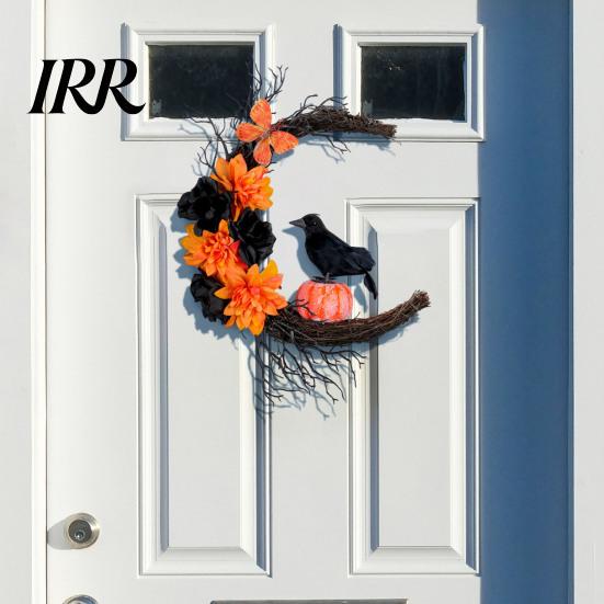 Decorative Accents for Home Halloween Door Sign, Artificial Floral Branch Crow Moon Wall Hanger with Indoor Outdoor Holiday Decor Bird, Spooky Window