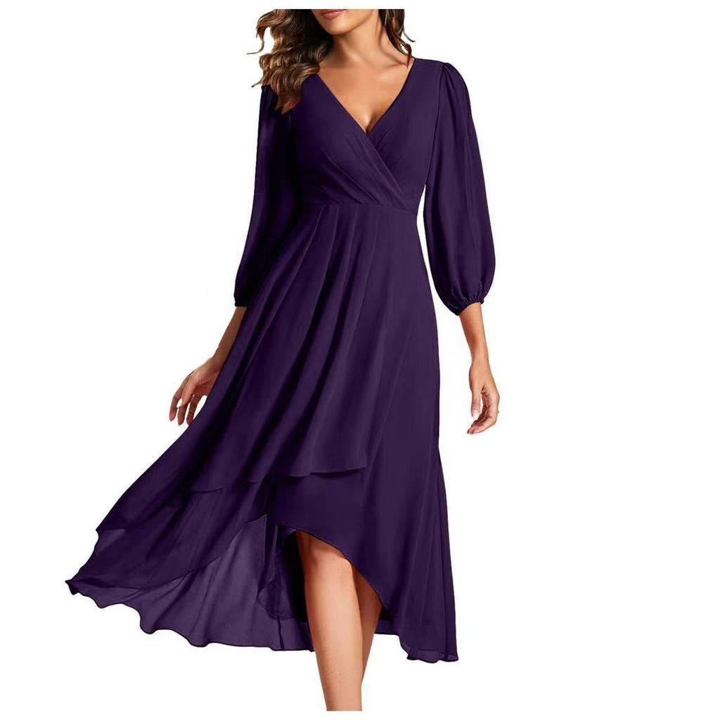 Women V Neck Long Sleeve Wrap Maxi Dress Elegant Chiffon High Low Asymmetric Hem Party Gown
