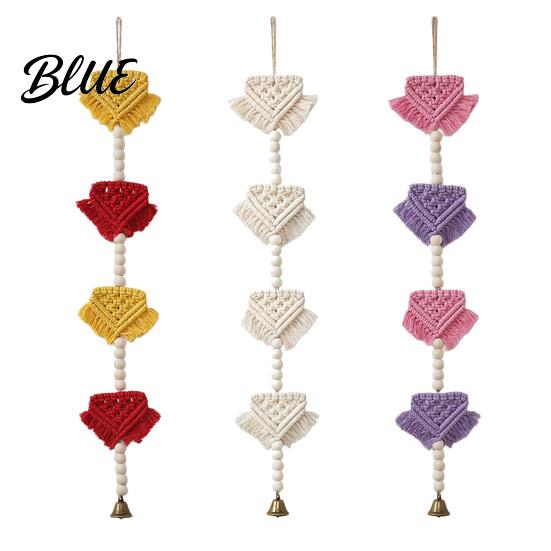 Layered Color Tapestry Knotted Rope Wall Hanging with Bell Braided Triangles Geometric Tapestry Wooden Beads