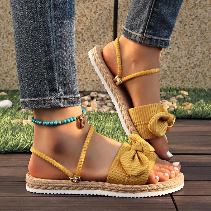 Bow Flats Women Slippers Casual Summer New Woman;s Sandals 2025 Trend Cozy Flip Flops Walking Dress Knitting Mujer Zapatillas