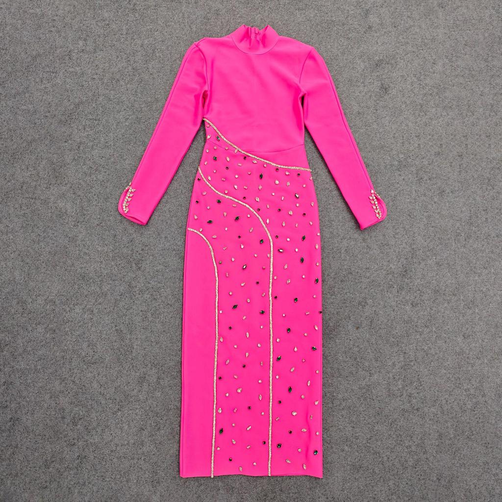 Women's Elegant Rhinestone Round Neck Slim Fit Evening Dress