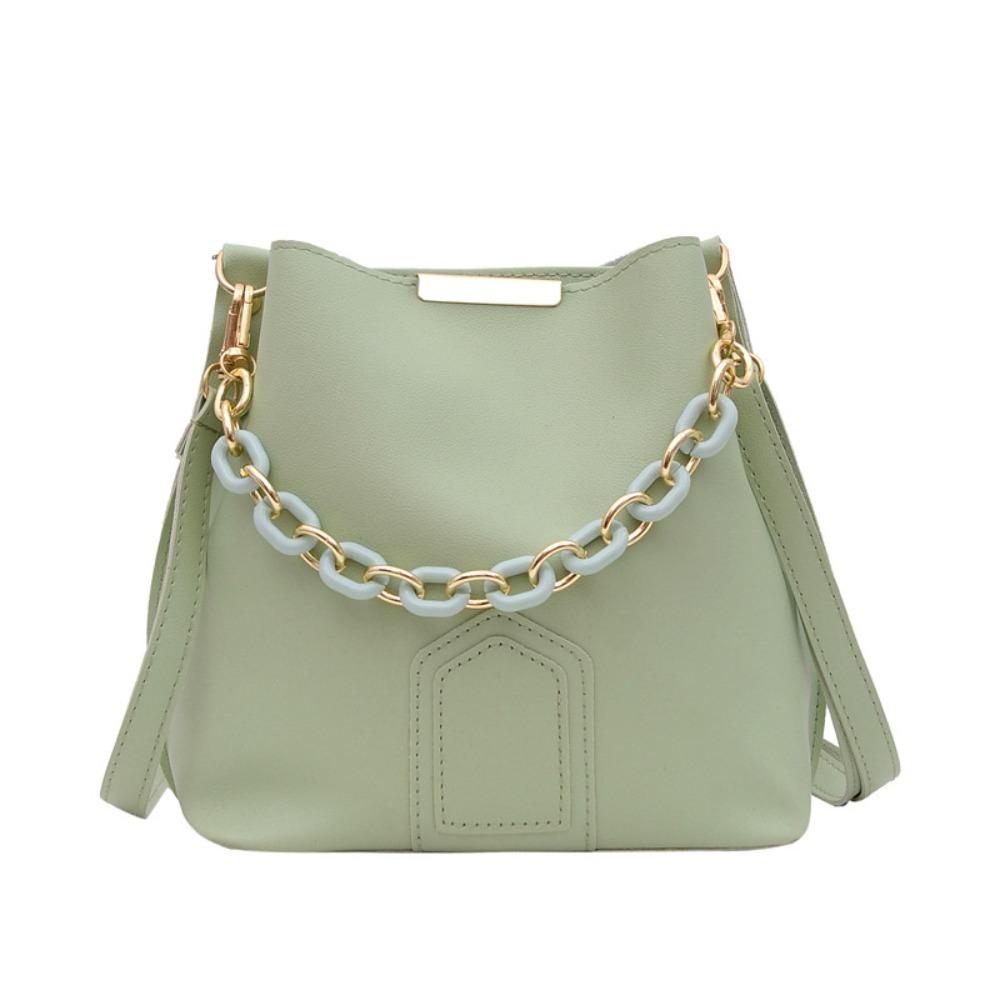 

Single Shoulder Women Bucket Bag Soild Color Chain Crossbody Bag PU Leather Handbag Shopping зелёный