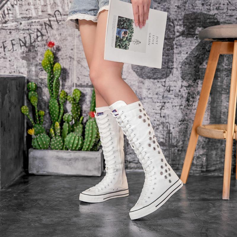 Scarpe da donna a tubo lungo con cinturino frontale e cerniera laterale scarpe a tubo lungo scarpe in tela traspirante vuote con strass lunghe