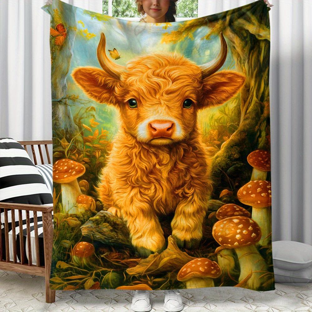

Cute Highland Cow Mushroom Forest Fleece Blanket Soft Flannel Throw Animal Art Print Gift for Kids Nature Lovers Home Decor 75x100cm