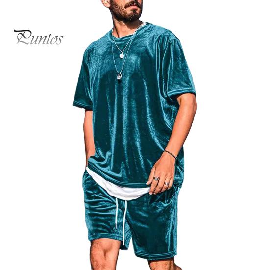 

Комплект из 2 предметов мужской одежды: топы с круглым вырезом и короткими рукавами, шорты на завязках на талии, однотонный бархатный уличный костюм S циан