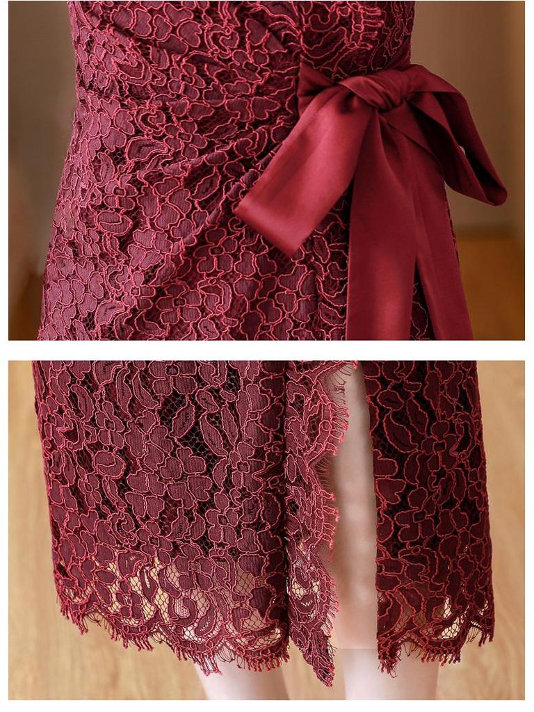 2023 Summer Wine Red Retro Lace Evening Dress