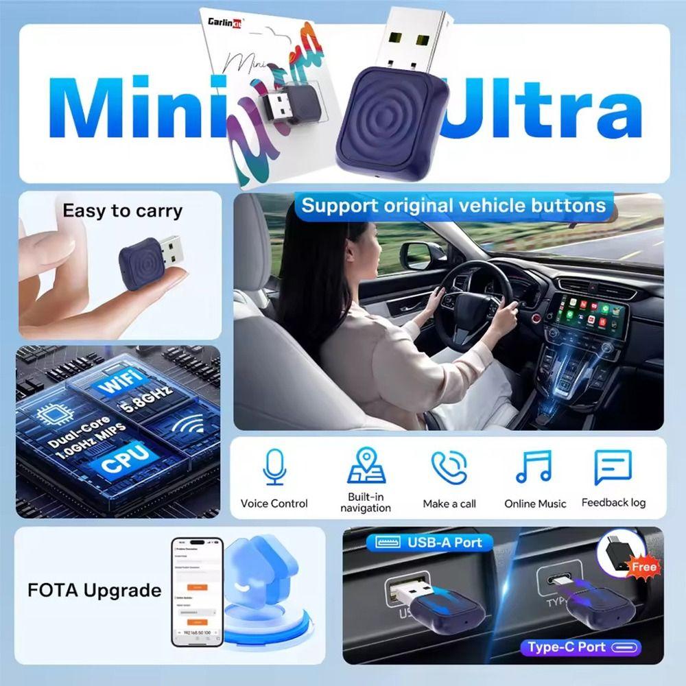 Mini Ultra Wireless CarPlay Adapter 2in1 Wired To Wireless Converter CarPlay Video Adapter  Car