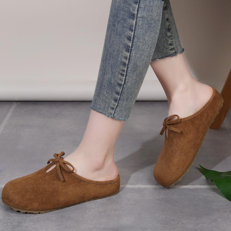 Fashion Women's Fashion Baotou Slippers Summer New Round Head Suede Butterfly Knot Soft Sole Anti-slip Wear-resistant Flat Shoes