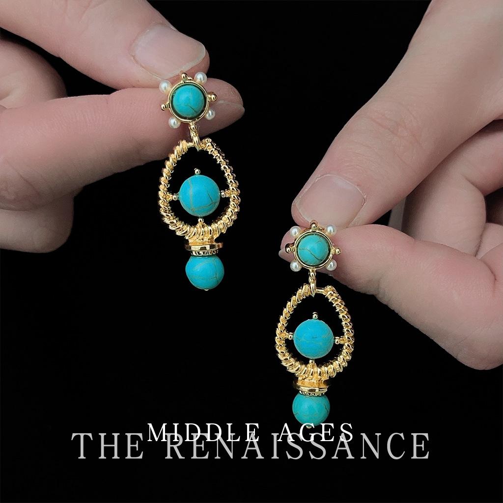 Средневековые серьги из синтетической бирюзы, серьги в ретро этническом литературном и художественном стиле, нишевые преувеличенные украшения для ушей