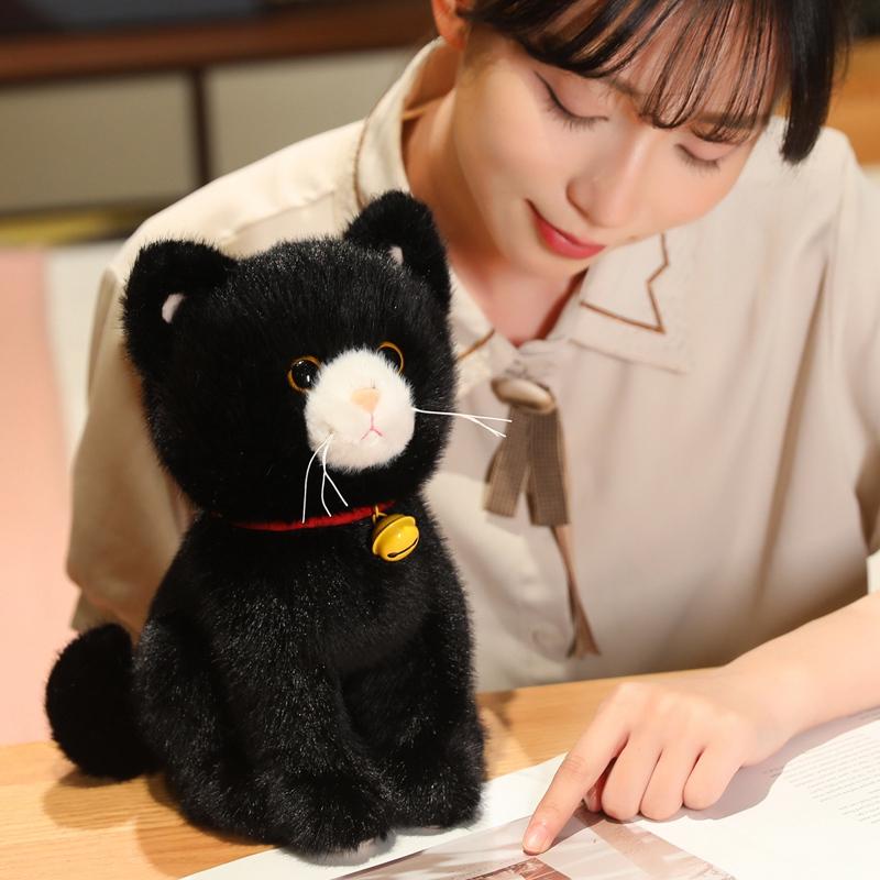 27cm Cartoon Black and Gray Cat Wear Collar Bell Plush Toy Stuffed Animal Dolls Children Toys Gifts Halloween Gifts Toys for Kid