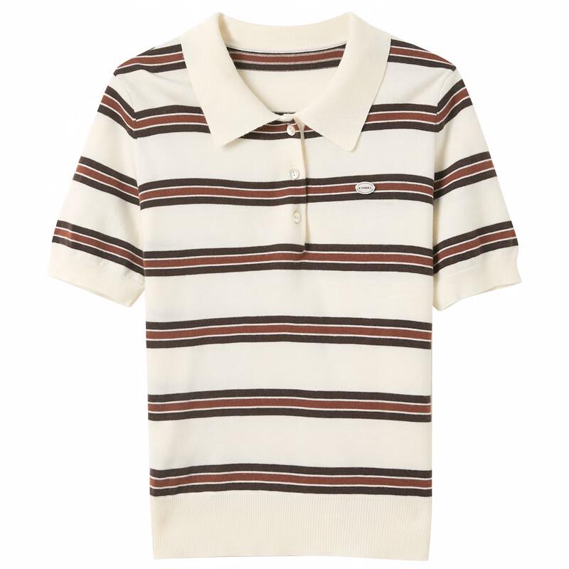 Sancai 2025 Spring Striped Polo Neck Knitted Top