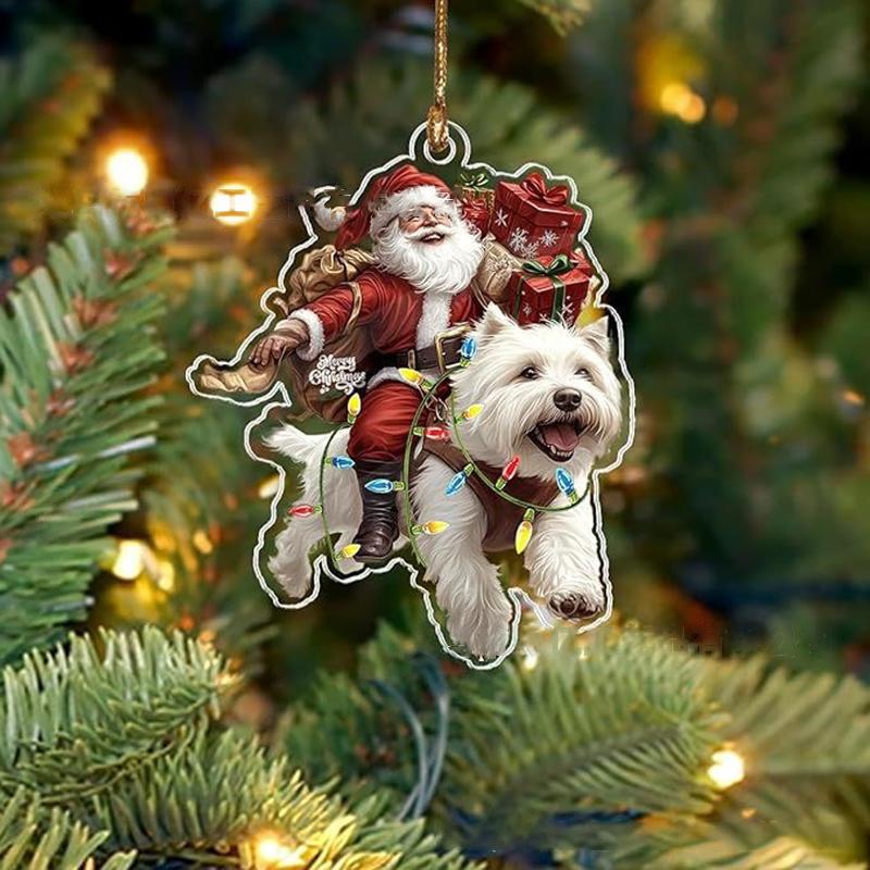 2026 Santa Claus And His Funny Dog Ornament 2D Flat Acrylic Pendant Christmas Decoration For Home Xmas Tree  Year Kerst